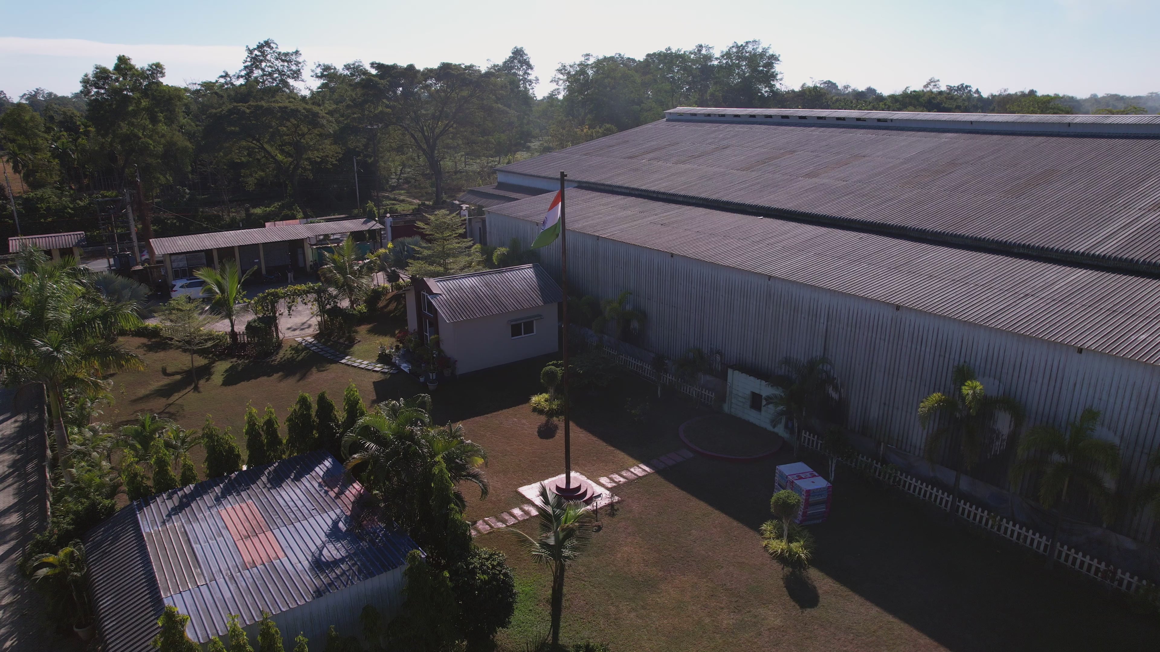 Load video: Drone view of BMB Foam manufacturing facility and factory infrastructure.